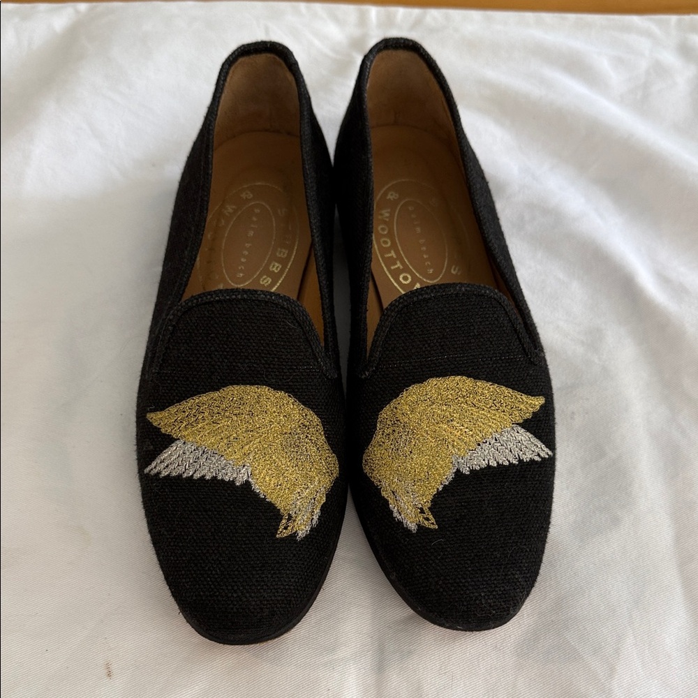 Stubbs & Wootton Black Loafers with Gold and Silver Embroidery
